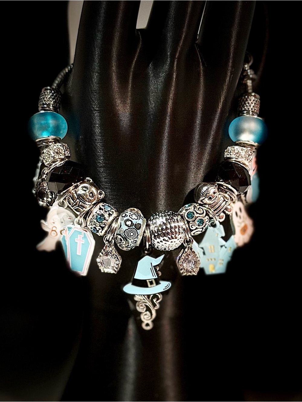 Silver Halloween Charm Bracelet with Light Blue Enamel Accents